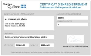 Certificat d'enregistrement 2026 - Établissement d'hébergement touristique